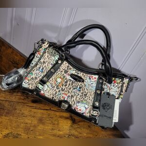 Ed Hardy Leopard Print Satchel with Black Accents/rhinestones